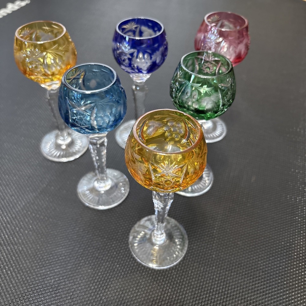 Vtg Nachtmann Traube Cut-to-Clear Crystal Cordial Glasses 5" Set of 6 Multicolor